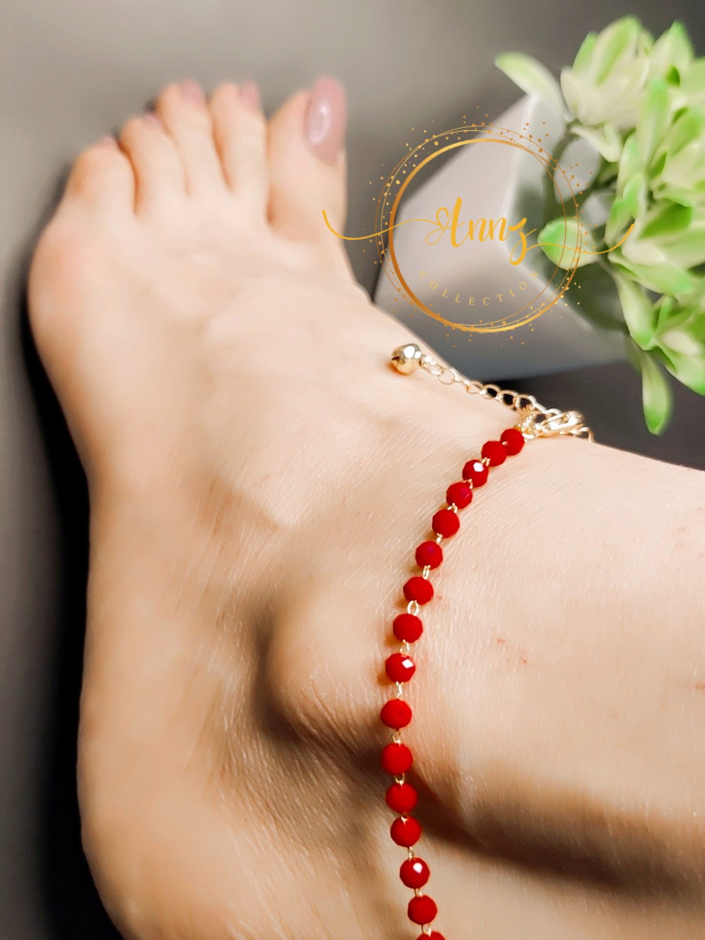 Gold Plated Anklet with Red crystal Beads |  Annz Collection